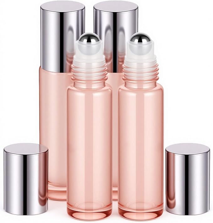 sungwoo 4 Pack Roller Bottles, 10 ml Essential Oil Glass Roller Bottles with Stainless Steel Roller Balls Rose Gold