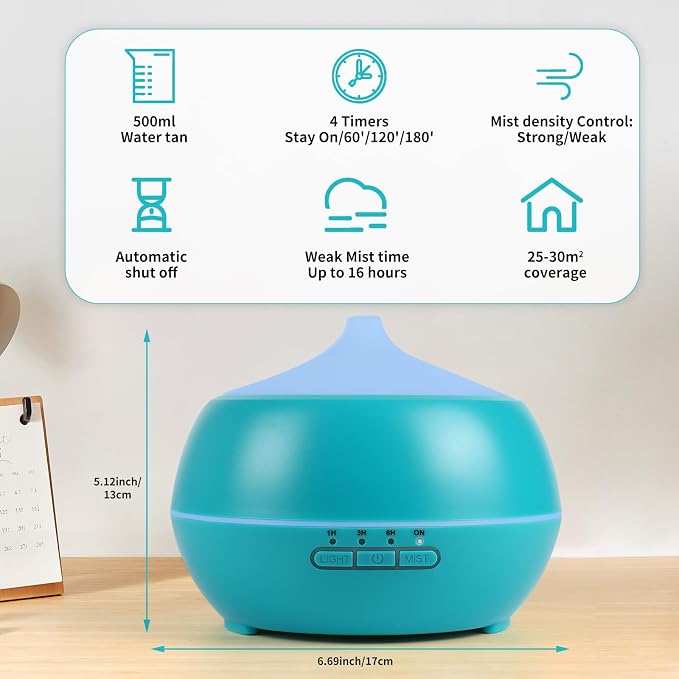 HAPPTWS 500ML Essential Oil Diffuser - BPA Free Ultrasonic Aromatherapy Diffuser, with 7-Color Lights Waterless Auto Shut Off for Home、Room、pet Room - Blue