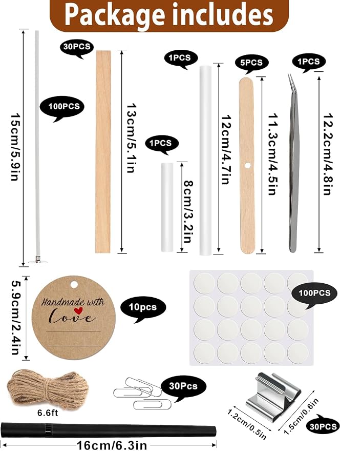 130 Pcs Candle Wicks for Candle Making Kit: 100 Cotton & 30 Wood Wicks with Complete Tool Set (Wick Holders, Wick Stickers, Candle Tabs, Tweezers, Pen), for Soy Beeswax DIY Candles