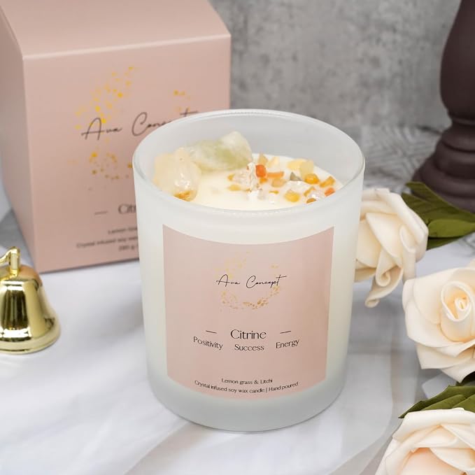 Citrine Crystal Candle – 10oz / 280g | Lemongrass & Litchi Aromatherapy | Hand-Poured Soy Wax | Genuine Citrine Healing Crystals Embedded | Positivity, Success & Energy | Gift Box Included