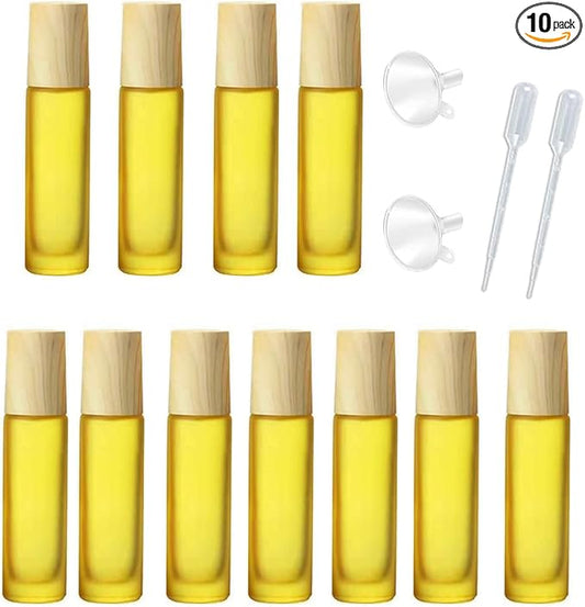 10 Pcs Frosted Glass Essential Oils Roll on Bottles,10ml Refillable Massage Roller Bottles Perfume Bottles with Stainless Steel Ball Wood Grain Cap Empty Travel Roller Essential Oils Vials(Yellow)