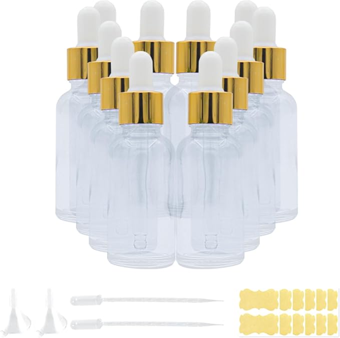 12 Pcs Glass Dropper Bottles with Eye Dropper Dispensers Lab Dropping Bottles with 2Pcs Long Pipettes 2Funnel and12 Label for Travel Cuticle Massage Essential Oils Perfume (Clear,1oz)