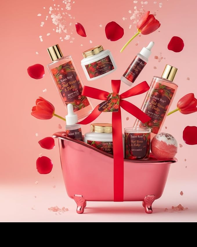 Spa Gift Basket Gifts for Women, spa kit Gifts for Her Mother's Day Bath Spa Gift Set Red Rose & Tulip Spa Basket Kits for Women, Bath & Body Set, Self Care Pamper Kit, Self-care baskets Mother Gift