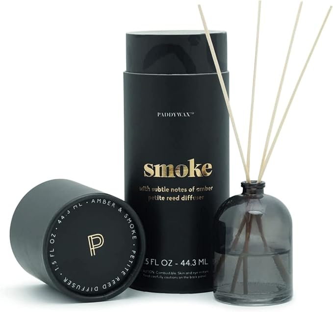 Paddywax Petite Reed Diffuser Set with Wooden Reeds, 720 Hour Long Lasting Home Fragrance Oil Diffuser, Decorative Milky Glass Bottle, Smoke Scent, Black, 1.5 oz