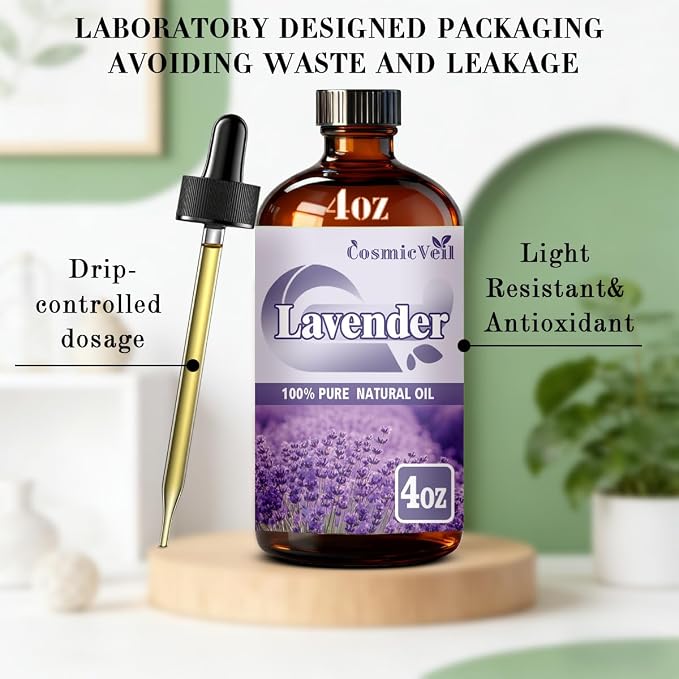 Lavender Essential Oil Lavender Oil for Aroma Diffuser,Humidifier,Home Fragrance,Cleaning,Body Care,Massage,Yoga,DIY Candle,DIY Soap CosmicVeil（Lavender，4 Fl Oz (Pack of 1)）
