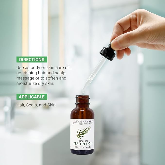 100% Pure Tea Tree Essential Oil for Hair, Scalp, and Skin Care Cold Pressed Undiluted & Hexane Free Melaleuca Oil Premium Glass Bottle with Dropper, 1 fl oz (30ml)