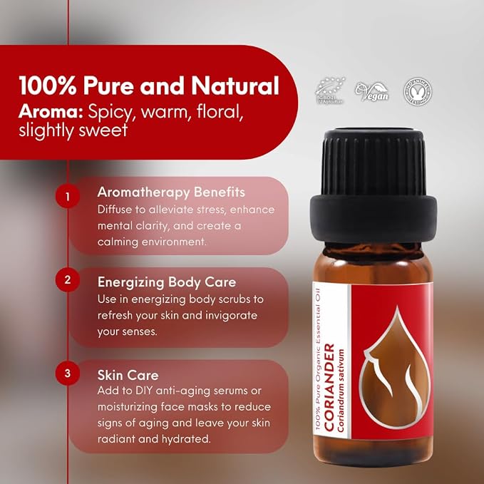 Essences Bulgaria Organic Coriander Essential Oil 1/3 Fl Oz | 10ml | Coriandrum sativum | 100% Pure and Natural | Undiluted | Therapeutic Grade | Family Owned Farm | Steam-Distilled | Non-GMO | Vegan