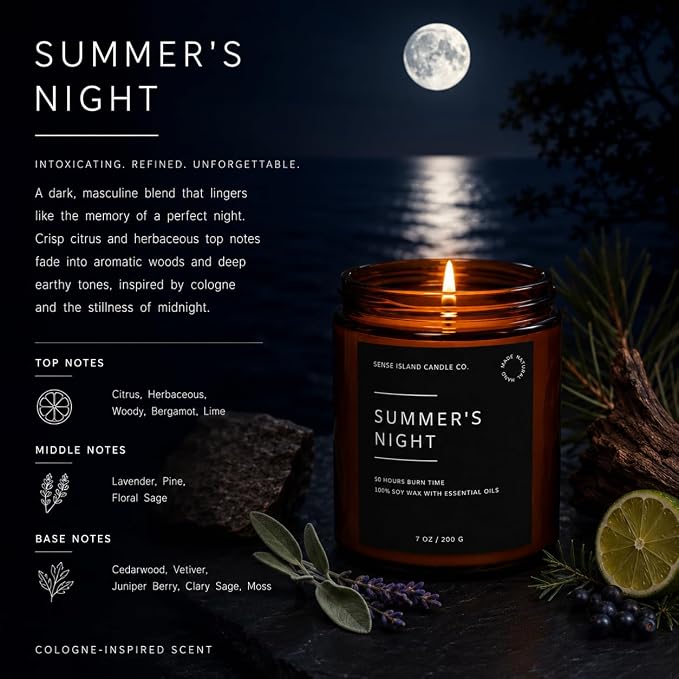Summer's Night Scented Candles for Men&Women | 100% Natural Soy Candle 7oz, up to 50 Hrs Burn Time Highly Scented Premium Scented Candle Amber Glass Jar