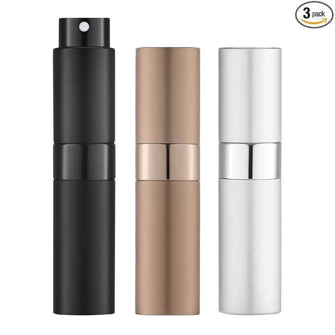 LISAPACK 8ML Atomizer Perfume Spray Bottle for Travel (3 PCS) Empty Cologne Dispenser, Portable Sprayer (Black, Silver, Brown)