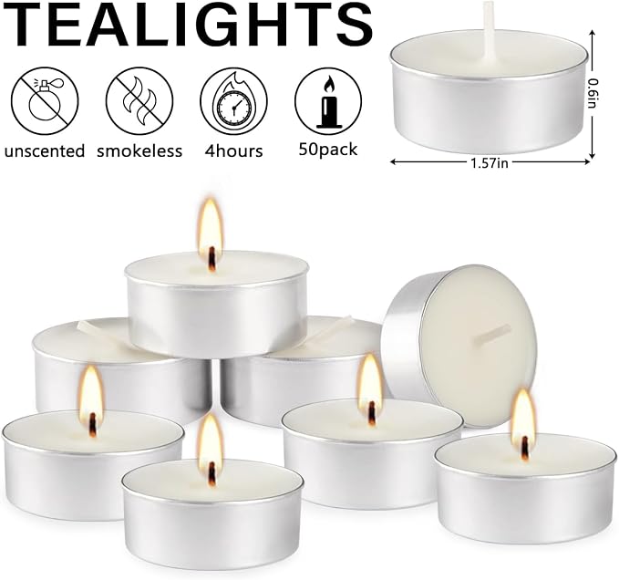 50 Pack Unscented Tealight Candles, 4 Hour Burn Time, Smokeless & Dripless White Tea Lights in Aluminum Cups, Standard Size Votive Candles for Wedding, Christmas, Halloween, Party, Home Décor & Emerge