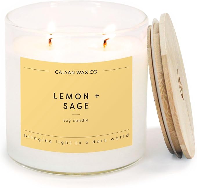 Calyan Wax Co. Lemon & Sage 2 Wick Scented Candle - 37 Hour Burn - Luxury Clean Soy Wax Candles - Long Lasting Large Glass Jar Candle for Home - 8.8oz