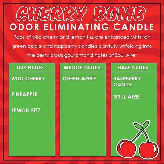 Cherry Bomb Two Pack Odor Eliminating Highly Fragranced Candle - Eliminates 95% of Pet, Smoke, Food, and Other Smells Quickly - Up to 80 Hour Burn time - 12 Ounce Premium Soy Blend