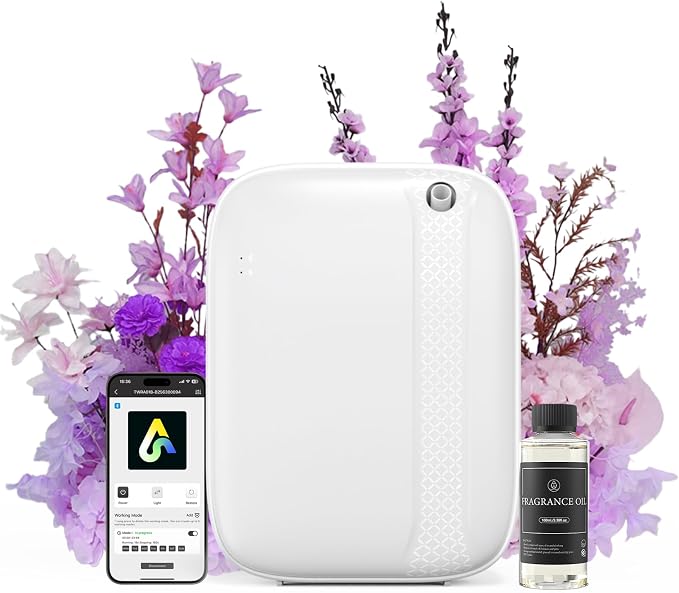 Essential Oil Diffuser, Waterless & Ultrasonic Aromatherapy Diffuser for Home, Office, Hotel, 13.5 OZ Capacity Up to 2500 Sq.Ft Coverage Room Scent Diffuser with App & Button Control(White)