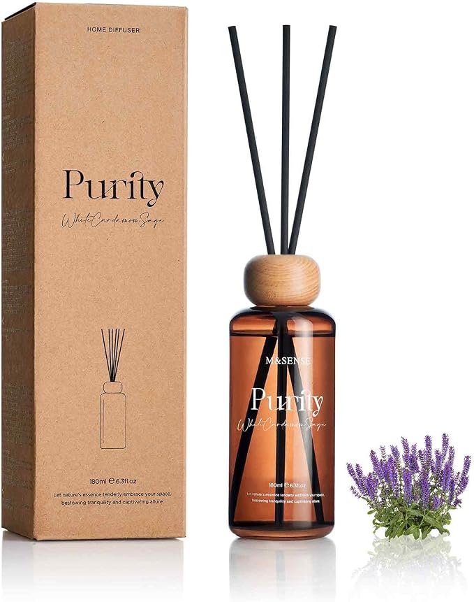 M&SENSE Reed Diffuser Set, White Cardamom Sage Scented 6.3 fl oz Natural Essential Oil Diffusers with Sticks, Non-Toxic Organic Air Freshener, Long-Lasting Fragrance Oils for Home Bathroom Kitchen