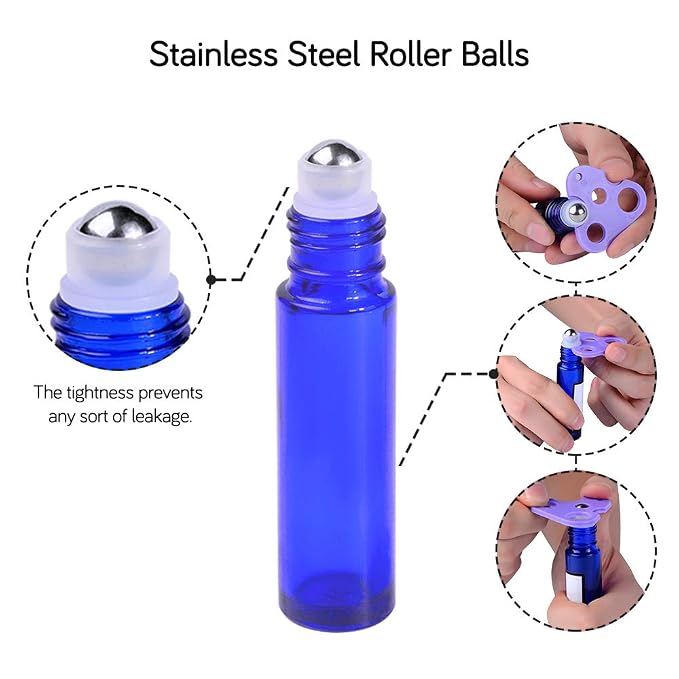 PrettyCare Roller Bottles 10ml (12 Pack Blue Glass, Black Cap, 24 Labels, 2 Extra roller balls, Opener, 2 Funnels) for essential oils, Roll on Bottles