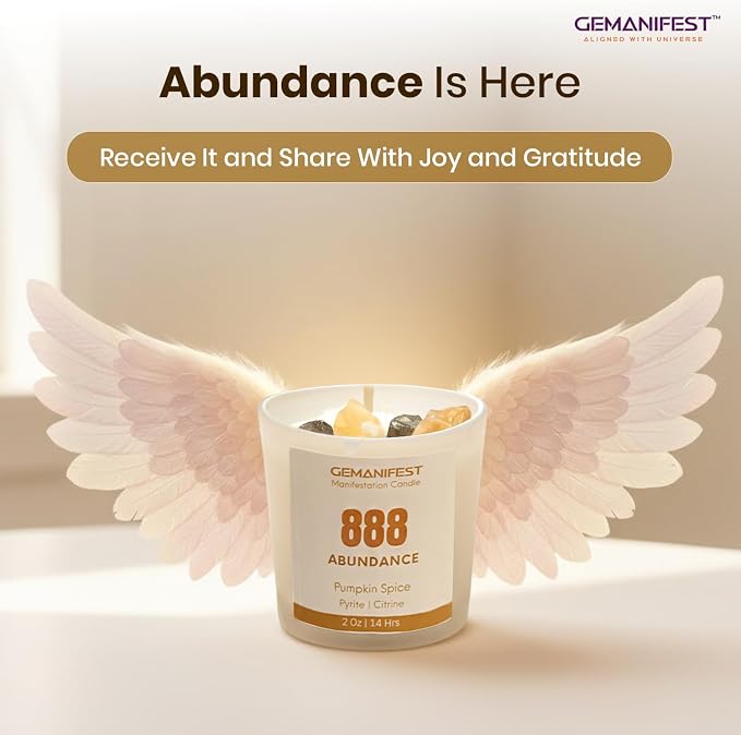 Angel Number 888 Manifestation Candle Crystal Infused Soy Wax with Citrine and Pyrite Pumpkin Spice Scented Spiritual Gift for Abundance and Energy Alignment