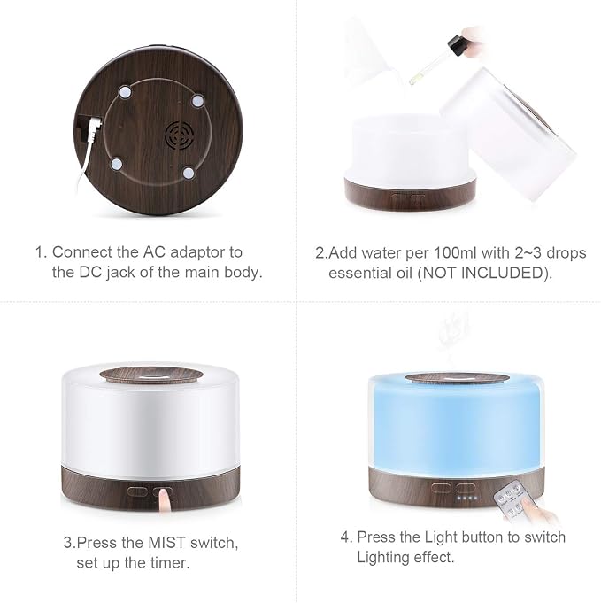 Aromatherapy Essential Oil Diffuser,500ML Ultrasonic Aroma Cool Mist Humidifier with Adjustable Mist Mode,Waterless Auto Shut-Off and Remote Control,7 Color Changing LED Night Lights for Home