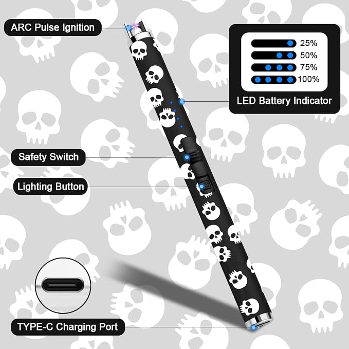 SUPRUS Electric Candle Lighter USB Type C Rechargeable Lighter with Upgraded LED Battery Display Safety Switch Flameless Plasma Windproof for Candle Cooking BBQs Fireworks (Skull)