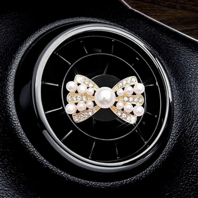 GSHLLO 2 Pcs Bow Car Air Vent Clips Faux Pearl Car Perfume Clips Bling Rhinestone Car Freshener Clips Car Outlet Conditioner Clips Auto Diffuser Charm Clips