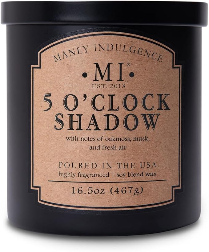 Manly Indulgence 5 O'Clock Shadow Scented Candle for Men 16.5 oz | 2 Wick & 2X Intense Fragrance | Oakmoss, Musk & Fresh Air | Up to 60 Hour Burn, Soy Blend Wax, USA Poured, Black