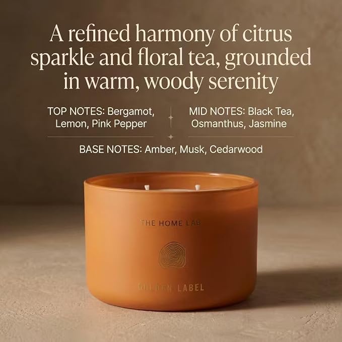 Hidden Label Teakwood Amber Soy Candle, 10oz 2-Wick, 45H Woody Warmth | Non-Toxic Phthalate-Free Vegan Wax | Earthy Amber Cedar Musk | Even Melt No Tunneling | Home Office Living Room Gift for Men