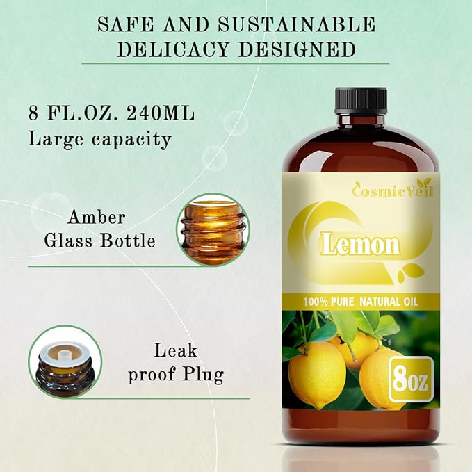 Lemon Essential Oil Lemon Oil for Aroma Diffuser,Humidifier,Home Fragrance,Cleaning,Body Care,Massage,Yoga,DIY Candle,DIY Soap CosmicVeil（Lemon，8 Fl Oz (Pack of 1)）