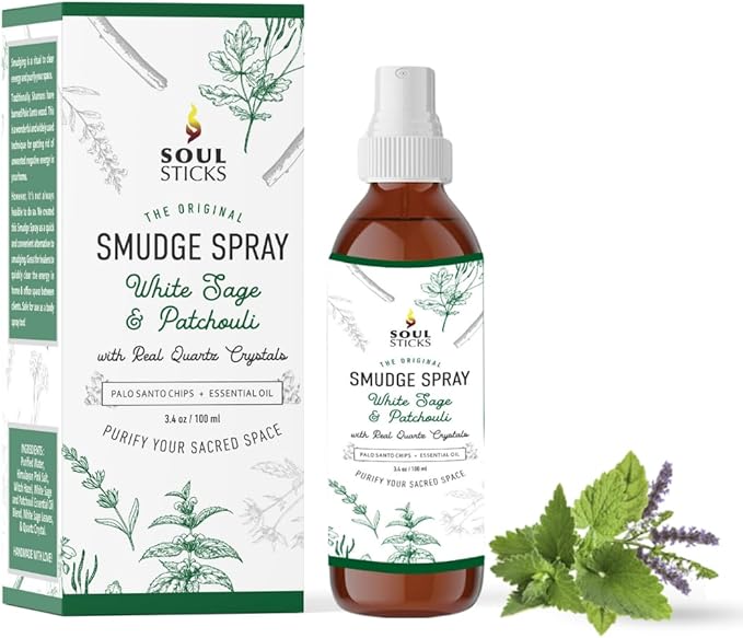 SOUL STICKS White Sage & Patchouli Smudge Spray For Cleansing and Negative Energy | 3.5oz White Sage Smudge Spray with Real Quartz Crystals | Car Fragrance Sage Room Spray for Spiritual Cleansing