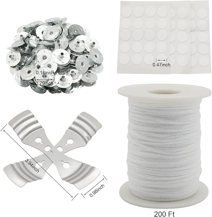 Candle Wick Roll, RAPUDA 200 Ft 24 PLY Braided Wick Spool, 2 Pcs Metal Candle Wick Holders,100 Pcs Metal Sustainer Tabs, 60 pcs Candle Thread Stickers for Candle DIY Craft Making