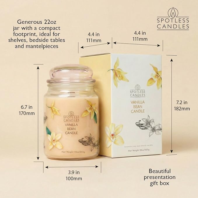 Vanilla Bean Candle 22oz: Upto 130 Hours Burn Time, Crackling Wooden Wick in Large Candle Jar with a Luxury Gift Box & Protective Shipper, Scented Candle by Spotless Candles