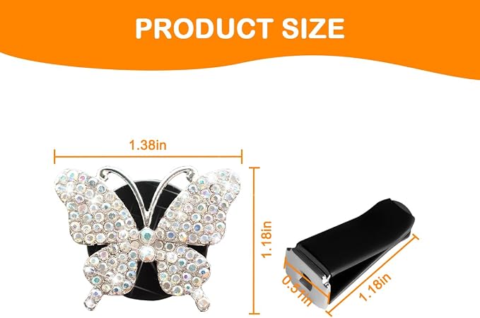 Bittwee 2PCS Bling Butterfly Car Freshener Air Vent Clips, Sparkling Crystal Rhinestone Auto Diffuser Clamps, Full Diamond Vehicle Interior Decoration Charm for Women Girls, Universal Fit（AB）