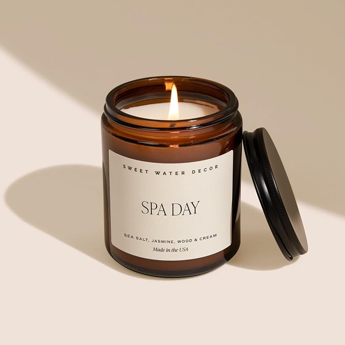 Sweet Water Decor Spa Day Soy Candle | Sea Salt, Jasmine, Wood and Cream Scented Candles for Home | 9oz Amber Jar + Black Lid, 40+ Hour Burn Time, Made in the USA