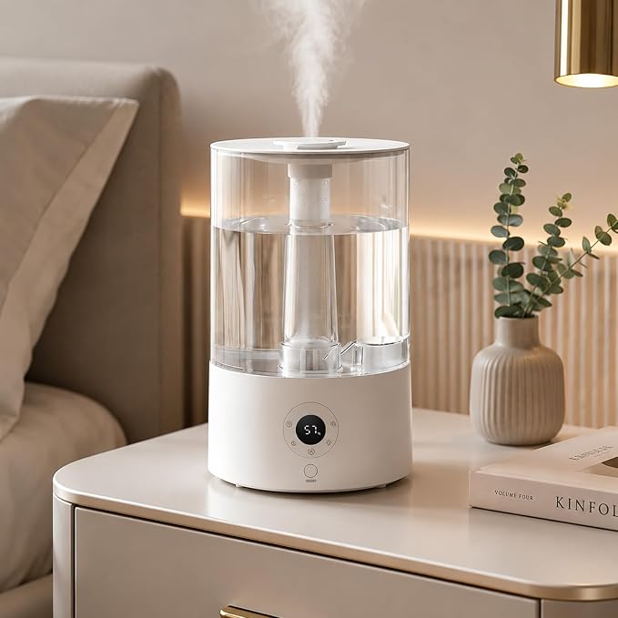 COWSAR Humidifier for Bedroom, 4L Top Fill Humidifier for Large Rooms, Easy Refill & Cleaning, Quiet 22dB, Baby Humidifier, Humidity Display, Up to 40H Runtime, Nightlight, Auto Shut-Off, White