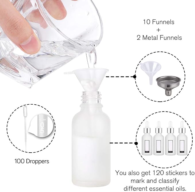 PrettyCare Glass Dropper Bottles Set of 99, 1oz (30ml) Frosted Empty Thick Bottles Bulk with Leakproof Silver Caps - With Labels & Funnels for for Storage, Travel,Essential Oils, DIY Serums