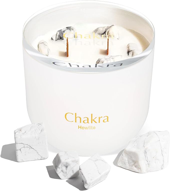 Hidden Label 12oz Howlite Quartz Coconut Lime Crystal Candle, 2 Wood Wicks Scented Crackling Candles, Chakra Collection Meditation Healing Candles with Crystals Inside