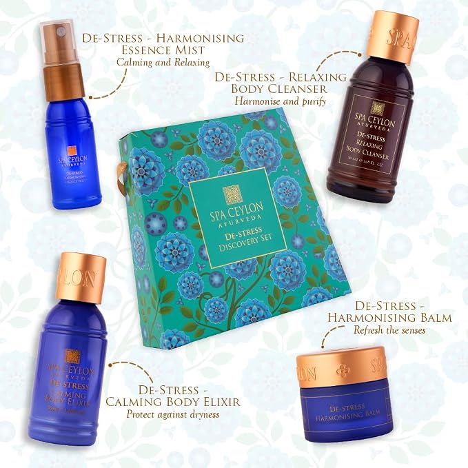 Spa Ceylon Ayurveda De-Stress Discovery Set - 4-Piece Natural Calming Gift Set with Frankincense, Sandalwood & Tangerine - Body Cleanser, Body Elixir, Essence Mist & Balm