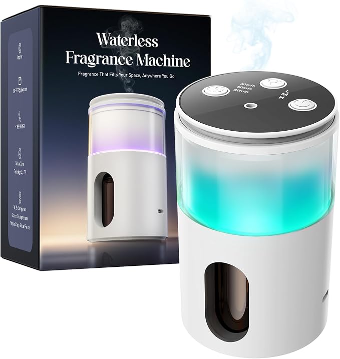 Waterless Essential Oil Diffuser: 𝟗 𝐂𝐨𝐥𝐨𝐫𝐬 𝐋𝐄𝐃 Scent Diffuser for Home&Car&Office - Portable Diffuser with 48H Battery, 4 Timers & 3 Mist Levels, Snow White