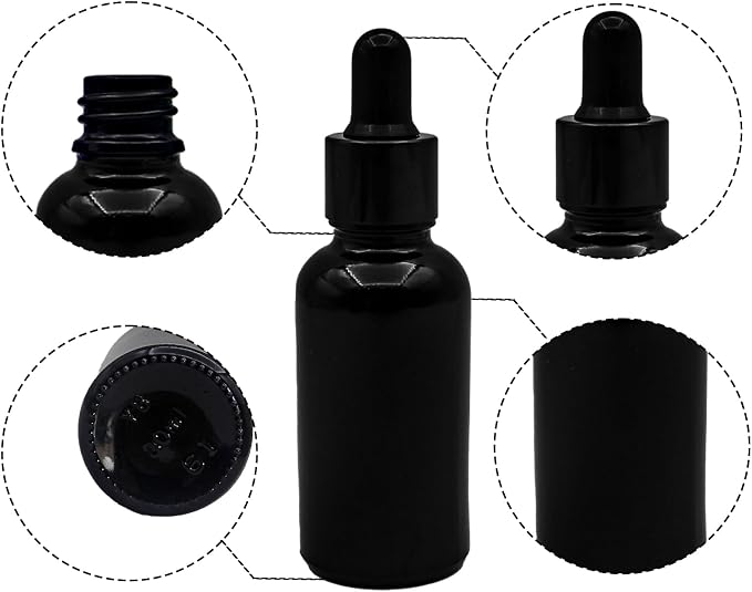 12 Pcs1 oz Black Glass Dropper Bottle 30 ml Tincture Bottles with Dropper Lab Dropping with Eye Droppers, Funnels, Label Stickers for Essential Oil Perfumes (Black, UV Safe Bottles)