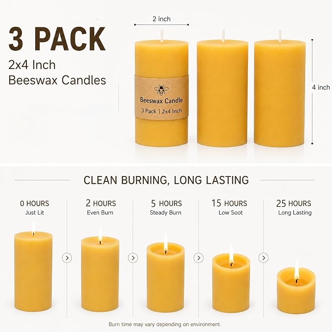 Beeswax Candles Pillar 3 Pack, 2x4 Inch Non Toxic Bees Wax Candle for Home, 35 Hour Natural Honey Scented Pillar Candle for Air Purification, Emergency, Meditation