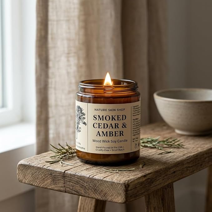 Nature Skin Shop Smoked Cedar Artisan Soy Candle Wood Wick Aromatherapy Home Fragrance Crackling Vegan 8 oz