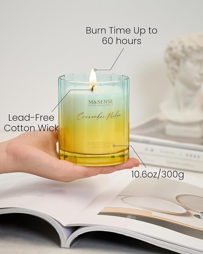 M&SENSE Cucumber Melon Soy Candles, 10.6oz Fruity Home Scented Candle | 60-Hour Long Lasting Burn, Non Toxic, Highly Scented Freshing Aromatherapy Gifts for Summer