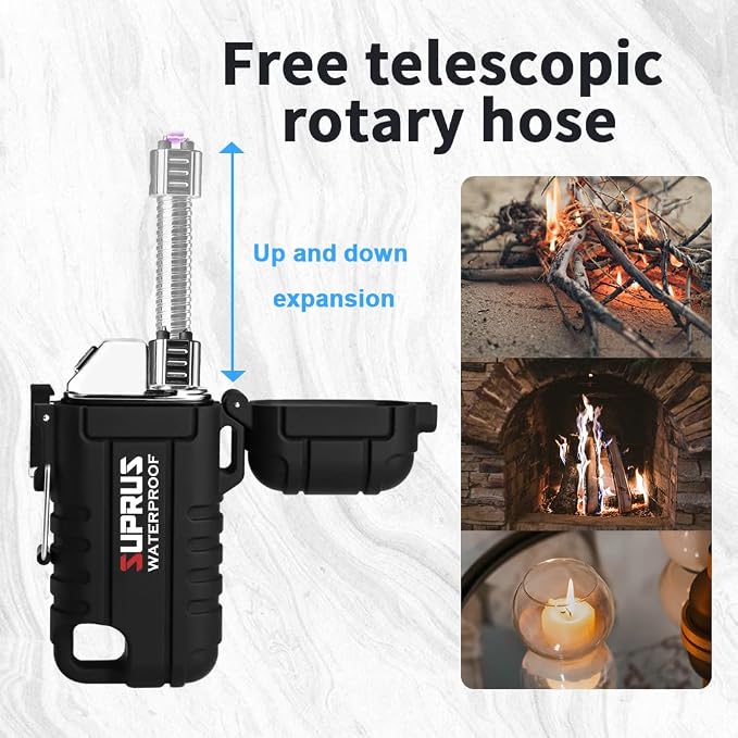 SUPRUS Waterproof Lighter Windproof Lighter Arc Plasma Lighters USB-C Rechargeable with Expandable and Flexible Neck for Outdoor, Camping & Kitchen (Black, 2Packs)
