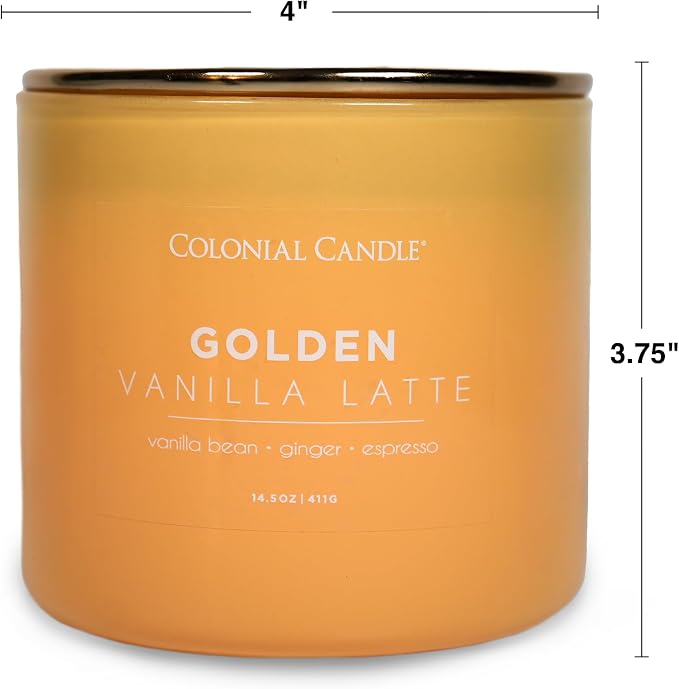 Colonial Candle Golden Vanilla Latte Scented Jar Candle, Pop of Color Collection, 3 Wick, 14.5 oz - Up to 60 Hours Burn