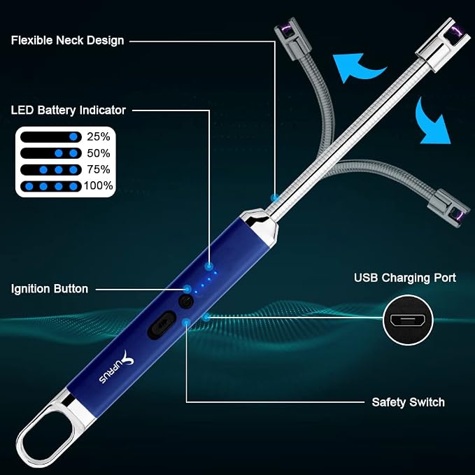 SUPRUS Lighter Rechargeable USB Lighter Arc Electric Lighetrs with Safety Switch 360° Flexible Neck Flameless Grill Long Lighters for Candle Camping Cooking (Dark Blue)