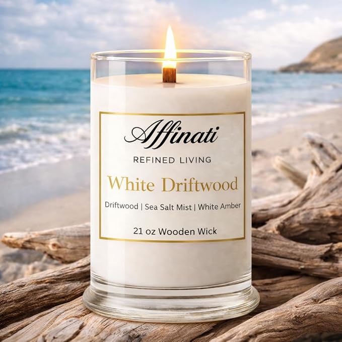 Affinati White Driftwood Large Scented Candle, 21 oz Wooden Wick Tumbler – Highly Fragrant Long Lasting Coastal Wood Fragrance, Soy Blend Candle
