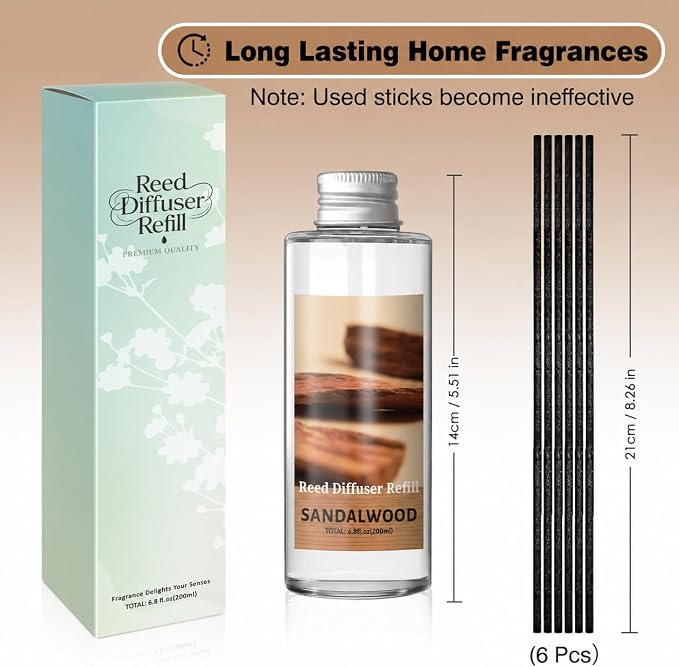 SCENTORINI Reed Diffuser Oil Refill, Sandalwood Diffuser Oil 6.76 Fl Oz, Natural Scented Essential Oil Refill Long Lasting Summer Home Fragrance for Bathroom Bedroom Spa Aromatherapy Home Decor