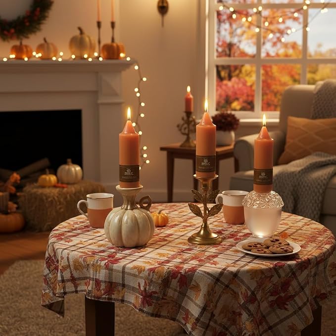 Earth Tone 5 Inch Short Taper Candles Pumpkin Chunky Unscented Smokeless Thick Tapered Candles for Fall Harvest Halloween Thanksgiving Dinner Party Home Décor
