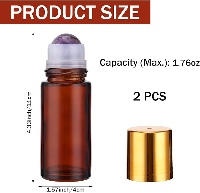 2 Pack 1.7oz Large Amber Glass Roll on Bottles for Essential Oils, Refillable Roller Ball Applicator with Purple Crystal Rollerball, Perfume Deodorant Containers, Leak-Proof for Aromatherapy&Skincare