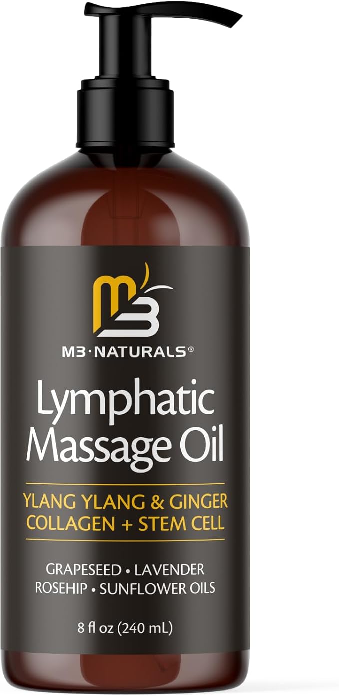 Lymphatic Massage Oil for Massage Therapy - Lymphatic Drainage Oil for Body Care Circulation & Detox Support with Ylang Ylang, Ginger, Lavender, Grapeseed, Vitamin E & Stem Cell (8 Fl Oz) by M3