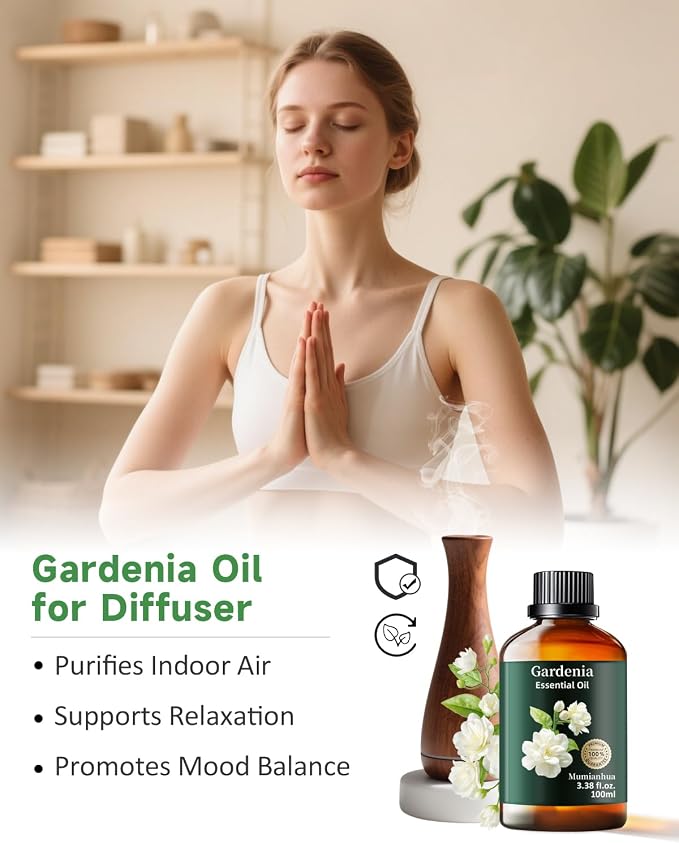 Gardenia Essential Oil, Pure Mumianhua Natural Floral Oil for Luxurious Diffuser & Evening Serenity, Romantic Aroma for Skin, Hair, DIY Perfume, Candle & Soap Making – 3.38 Fl Oz