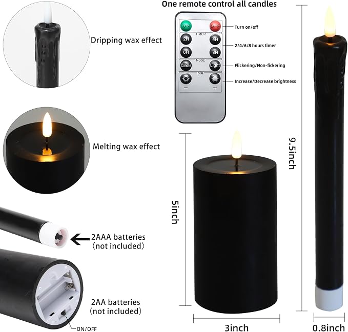 Lezonic Halloween Black Flameless Candles with Remote, Battery Operated Real Wax with Dripping Effect, Flickering LED Candles for Fireplace, Shelf, Centerpiece, Set of 4 (9.5" Taper & 5" Pillar